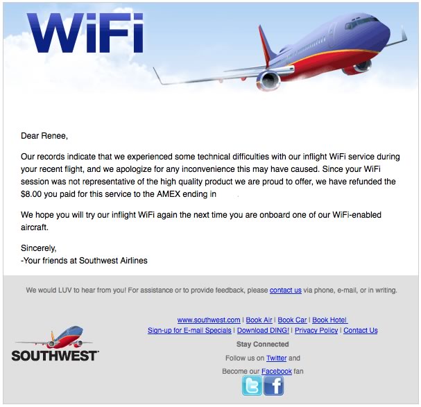 Soutwest Airlines Customer Experience | WiFi Refund Email